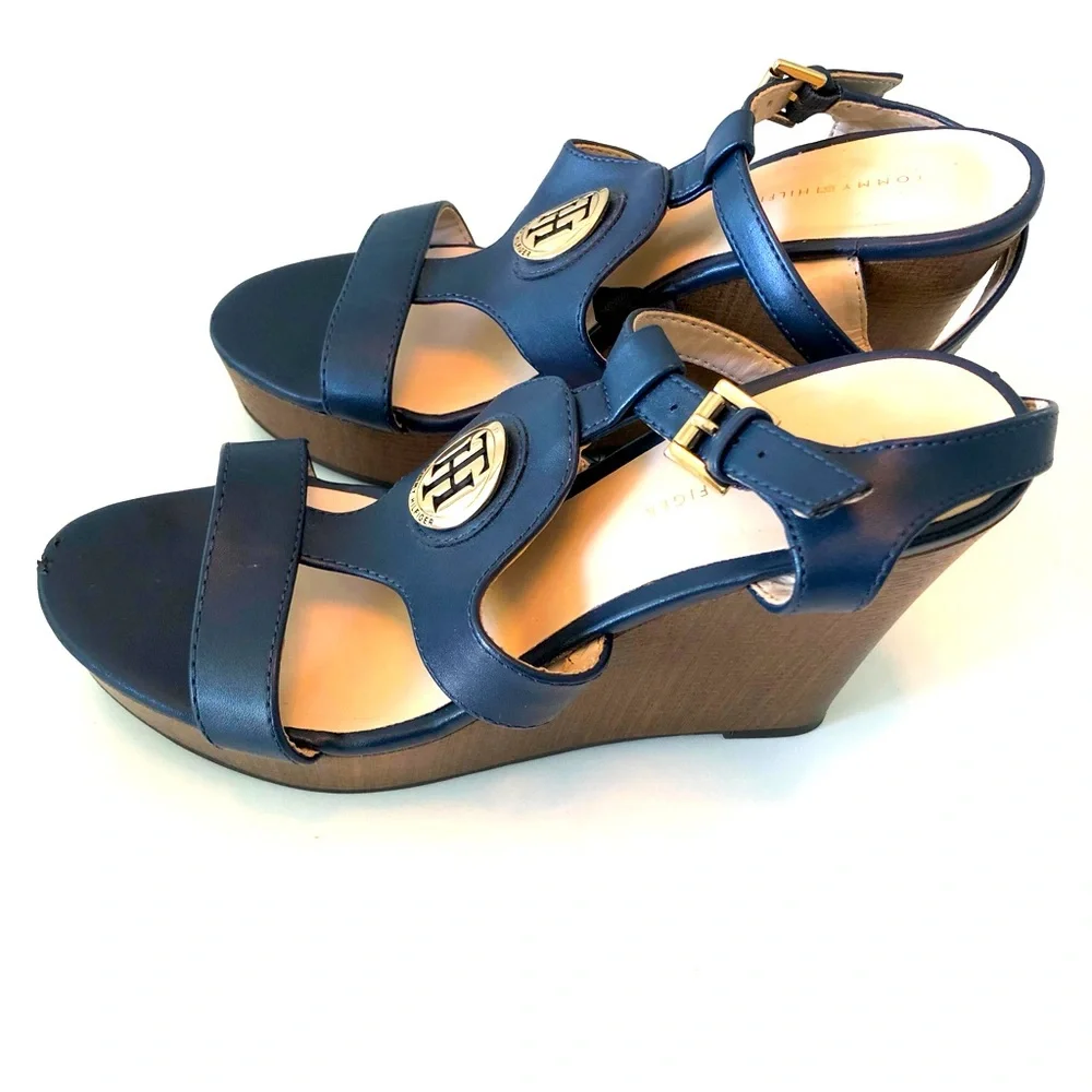 Tommy Hilfiger Navy Blue Platform Wedge Sandals Womens 7 Ankle Strap Preppy